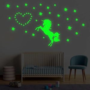 Luminous cartoon unicorn and star wall stickers set for kids' bedroom wall decoration