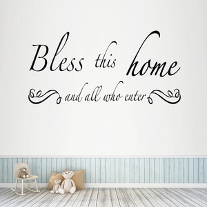 Elegant Bless This Home wall decal with black cursive lettering for living room decor