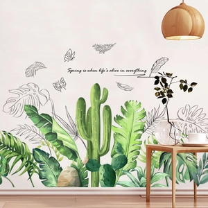 Modern ins style wall stickers with green tropical cactus leaves and butterfly decals