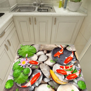 Sticker de sol 3D avec carpes koi, lotus rose et galets pour décoration d'intérieur