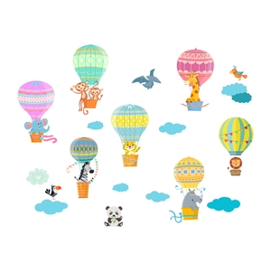 Cartoon animals in hot air balloons wall decals for kids room nursery decor
