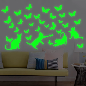 Glow in the dark cat and butterfly wall stickers for luminous home wall decor