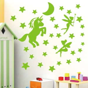 Luminous unicorn and fairy wall stickers set with glowing stars for children room