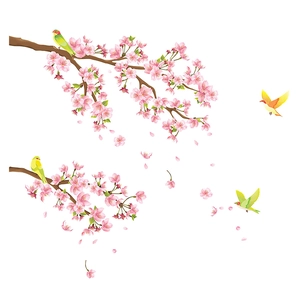Détail de stickers muraux cerisiers en fleurs avec oiseaux colorés et pétales roses