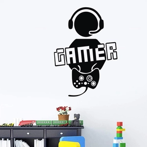 Gamer wall decal featuring game controller and headset silhouette for bedroom decor