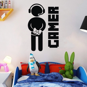 Self-adhesive gamer wall sticker with gamer stickman and controller for bedroom decor