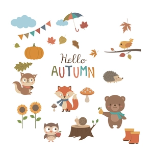 Autumn forest cartoon wall stickers with fox, bear, and owl for kids room decor
