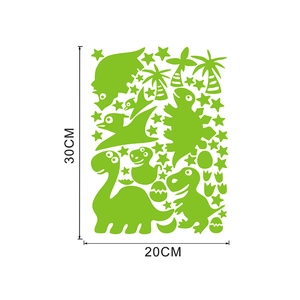 Detailed sheet of luminous dinosaur wall stickers with specific dimensions 30cm by 20cm