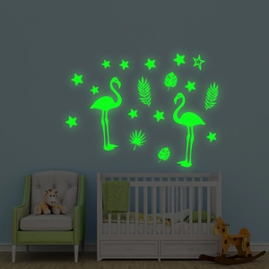 Adesivi murali fenicottero e foglie tropicali fluorescenti per camera da letto