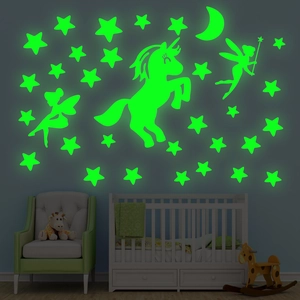 Glow-in-the-dark wall decals set with unicorn fairy moon and stars for kids nursery