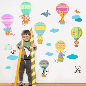 Detailed wall sticker set with colorful cartoon animals on hot air balloons for kids rooms