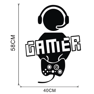 Detailed dimensions of gamer silhouette wall decal with controller and headset