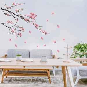 Pink plum blossom branch wall decal set for minimalist living room decoration