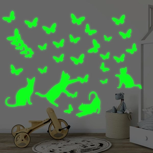 Luminous cat and butterfly wall stickers glowing in the dark for home wall decoration