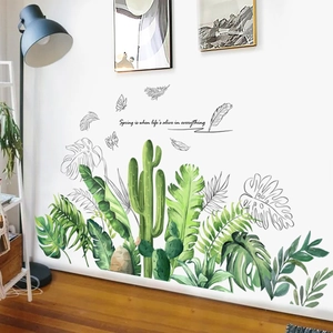 Tropical green leaf wall decals with Monstera and cactus for living room decor