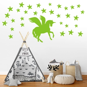 Leuchtende grüne Einhorn und Sterne Wandaufkleber Set für Kinderzimmer Dekoration