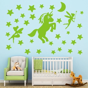 Luminous unicorn and fairy wall stickers set with glowing stars for nursery decor
