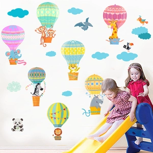 Cartoon Animal Hot Air Balloon Wall Stickers Removable PVC Self-Adhesive Decals For Kids Room Nursery Home Decor