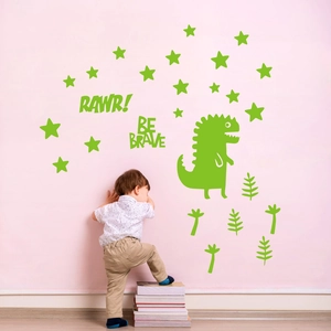 Luminous cartoon dinosaur wall stickers for kids room with glowing stars and brave quotes