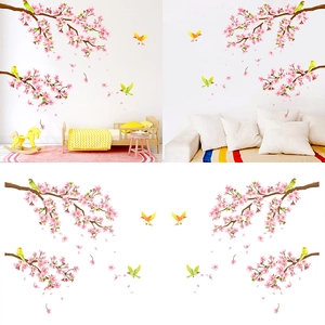 Sticker Mural Branche de Fleur de Sakura Rose Avec Oiseaux Imperméable PVC Décalcomanie pour Salon Chambre Maison Décor