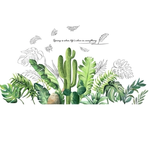 Tropical green leaves and cactus wall stickers with Spring quote and butterflies for decor