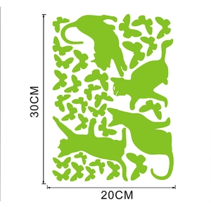 Detailed size chart showing 30x20cm layout for glowing cat and butterfly wall stickers