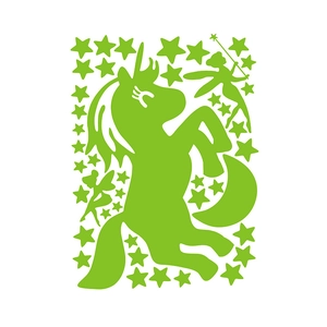 Luminous unicorn and fairy wall stickers set with moon and stars glowing in the dark