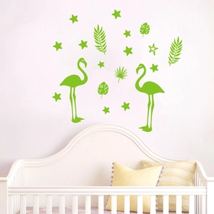 Adesivi murali fenicottero luminosi con foglie tropicali e stelle per camera dei bambini