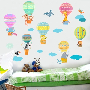 Cartoon animals hot air balloon wall stickers set for nursery room wall decoration