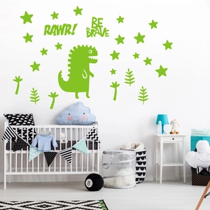 Luminous cartoon green dinosaur wall stickers for nursery decor with stars and motivational text