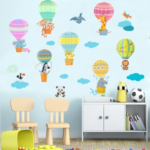 Cartoon animals in colorful hot air balloons wall decals for kids room nursery decor
