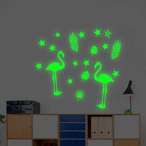 Adesivi murali fluorescenti con fenicotteri, stelle e foglie tropicali verdi