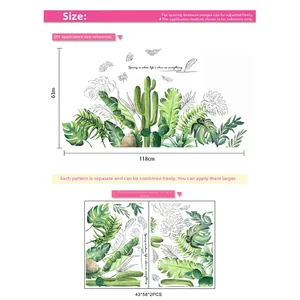 Detail view of tropical plant wall stickers with DIY dimensions and cactus leaf patterns