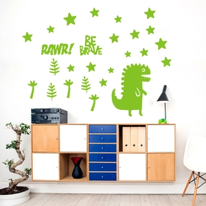 Detailed wall sticker layout featuring a green cartoon dinosaur with stars and plant motifs