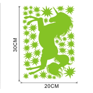 Luminous unicorn and stars wall sticker sheet measuring 30cm x 20cm in bright green