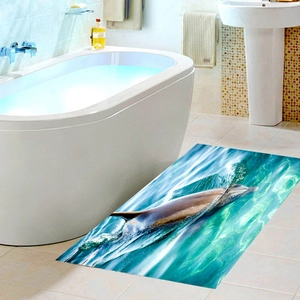 Détail macro de l'imprimé dauphin 3D sur le tapis de bain antidérapant de luxe