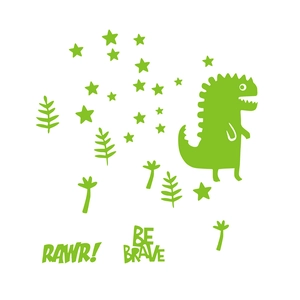 Luminous green cartoon dinosaur wall stickers with stars and Be Brave text for kids room