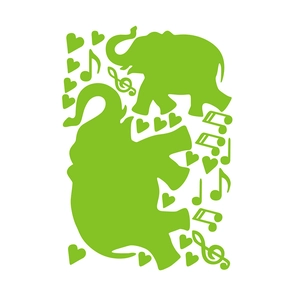 Luminous green wall stickers set featuring cartoon elephants with musical notes and hearts