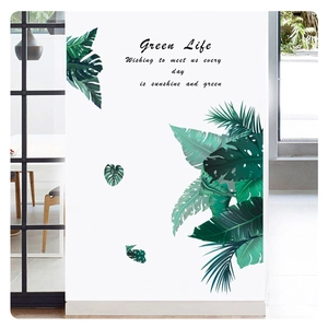 Tropical green Monstera leaves wall sticker set with Green Life lettering for home decor