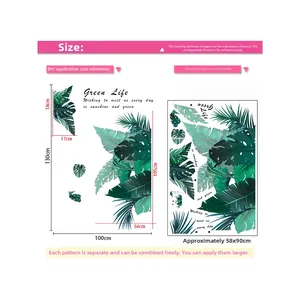 Detailed size guide and layout for green tropical leaves wall stickers 58x90cm