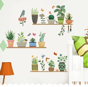 Potted plants wall stickers with green leaves, birds and butterflies for home decor