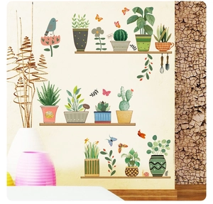 Self-adhesive wall stickers with potted green plants and birds for living room wall decor