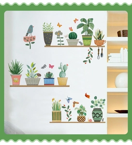 Detailed wall sticker featuring potted plants, cacti, and butterflies on wooden shelves