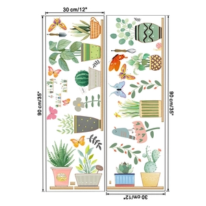 Detail view of two 30x90cm waterproof PVC wall stickers with green potted plant designs