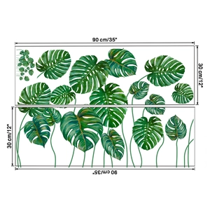 Layout details of tropical monstera leaf wall stickers with precise size measurements