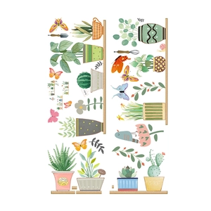 Potted plants wall stickers with succulents, birds and butterflies for room decoration