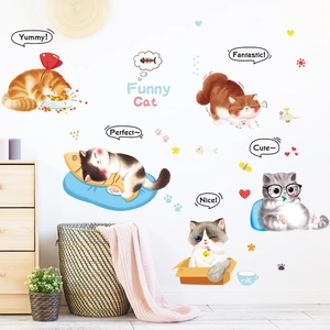 Cute hand-drawn cartoon cat wall stickers for bedroom decor with funny kitten patterns