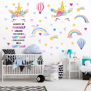Unicorn Rainbow Hot Air Balloon Wall Stickers For Kids Room Decor PVC Waterproof Cartoon Heart Star Wall Decals For Girls Nursery