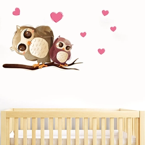 Cartoon owl wall stickers with pink hearts and branches for nursery wall decoration