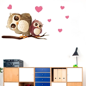 Watercolor cartoon owls on branch wall stickers for kids nursery room decor